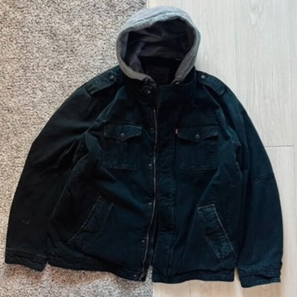 Levis Vintage Fit hybrid hoodie trucker jacket Large Black Gray Sherpa Lined - Picture 1 of 6